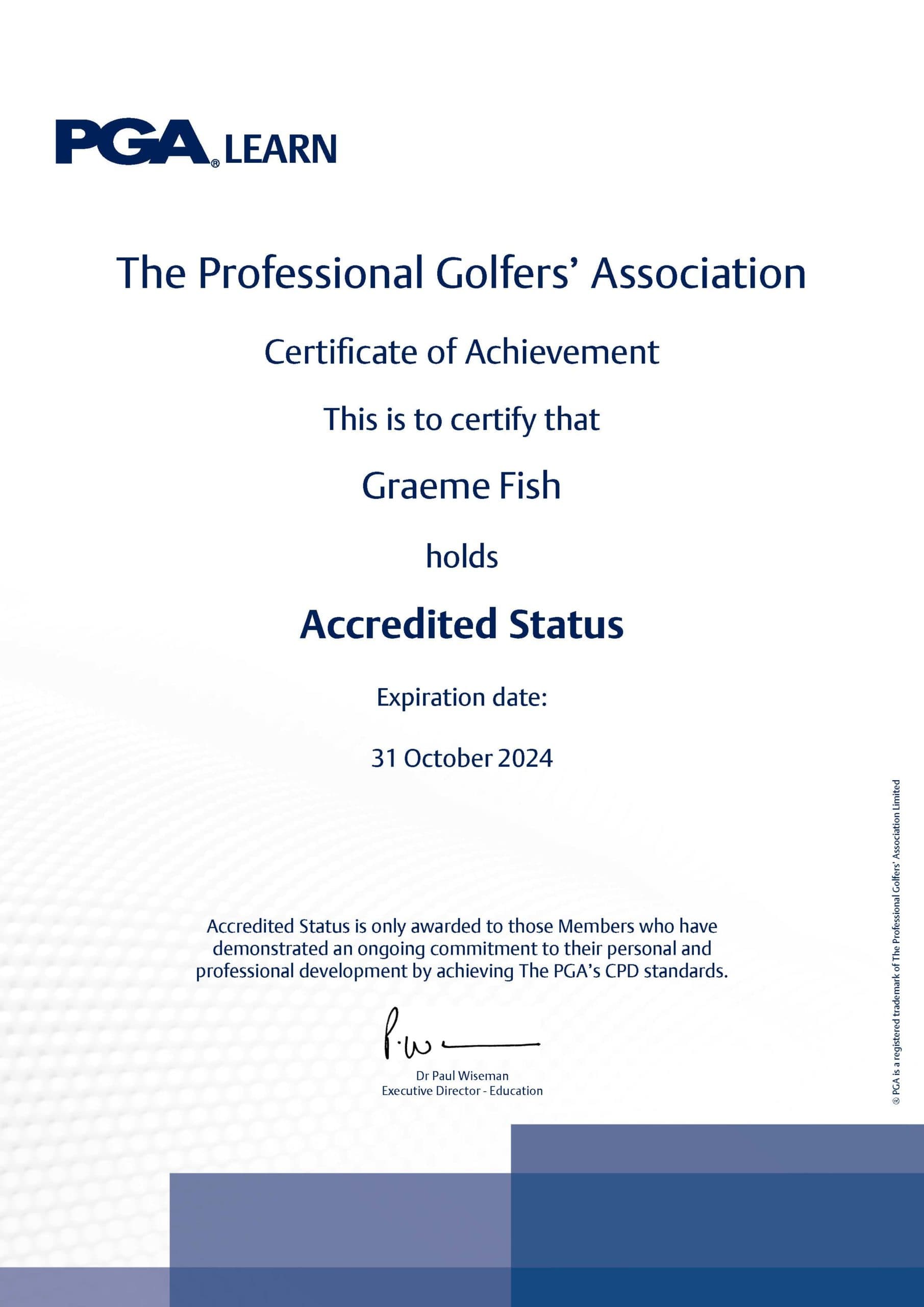 PGA Learn Accredited Status Certificate